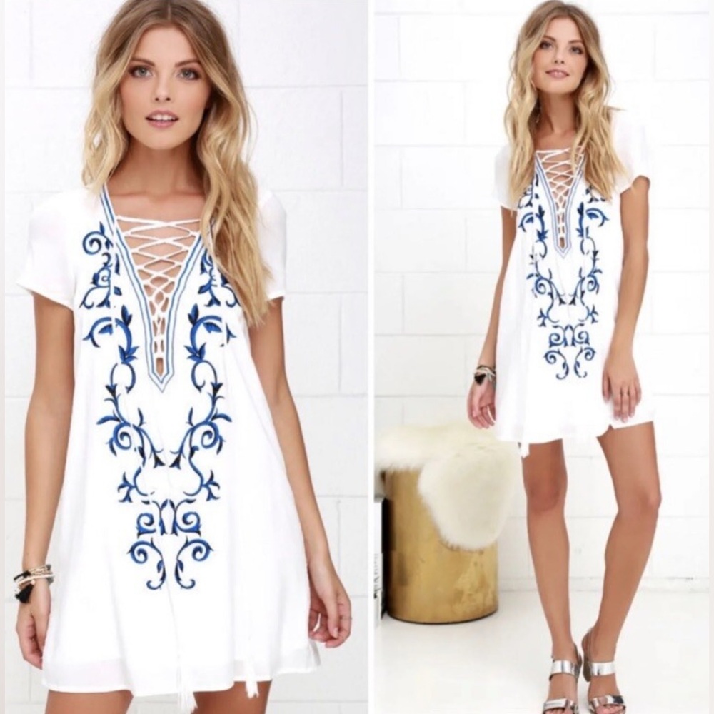 Lulu's White Midi Dress with Blue Embroidered Lace-Up V-Neck